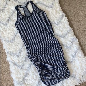 Athleta navy striped dress athleisure roushed sides size small
